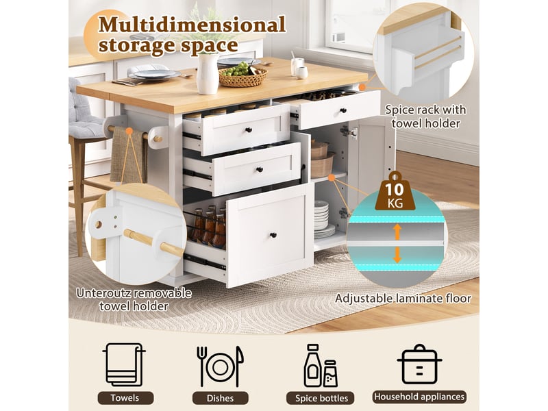  Desserte de cuisine avec 2 portes, tiroirs, étagères réglables, plan extensible blanche en mdf 107×45-70×90,5 cm  - Conforama E