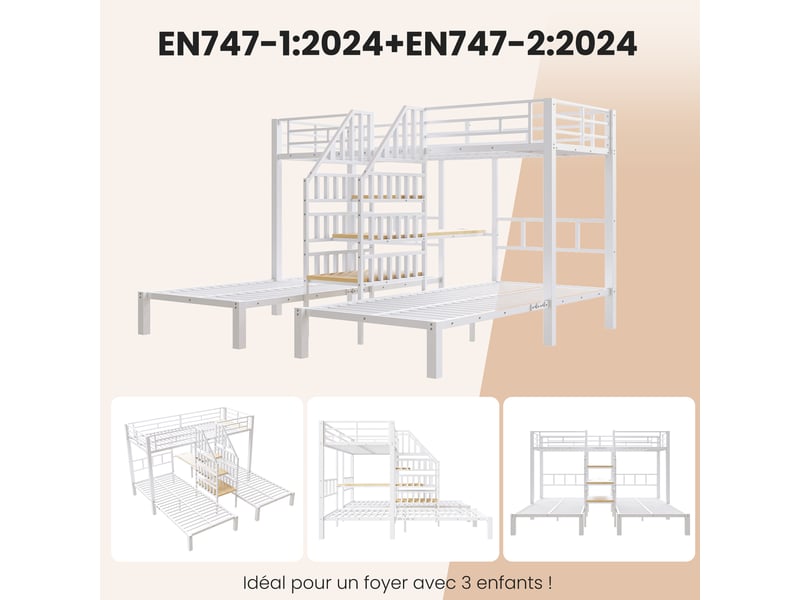  Lit superposé blanc 90 x 200 cm, 3 couchages en métal et mdf, avec bureau, rangements, led, 2 usb et prise  - Conforama D