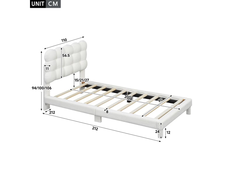  Lit simple 90x200 cm avec tête de lit réglable en 3 positions, revêtement peluche  - Conforama E