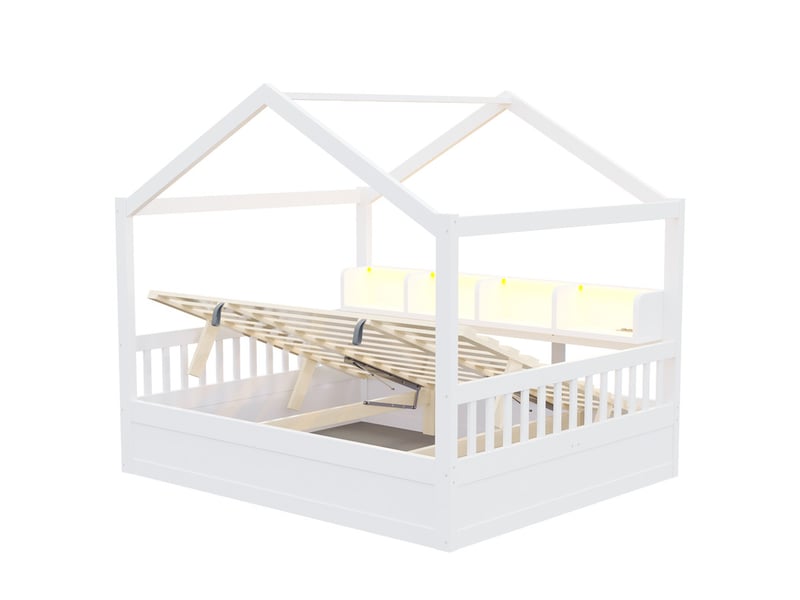  Lit enfant 140 × 200 cm – avec barrière de sécurité – avec espaces de rangement – ​​avec bande led et prise électrique – blanc (matelas non inclus)  - Conforama W