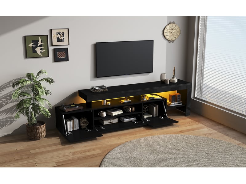  Meuble tv noir brillant avec led, 3 portes, niches, pour téléviseur jusqu’à 85 pouces, noir  - Conforama C