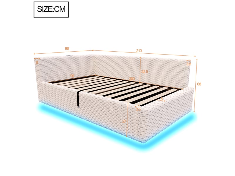  Modenvie lit coffre 90x200 cm - avec led, ports usb et usb-c, rangement hydraulique, sans matelas - beige  - Conforama C