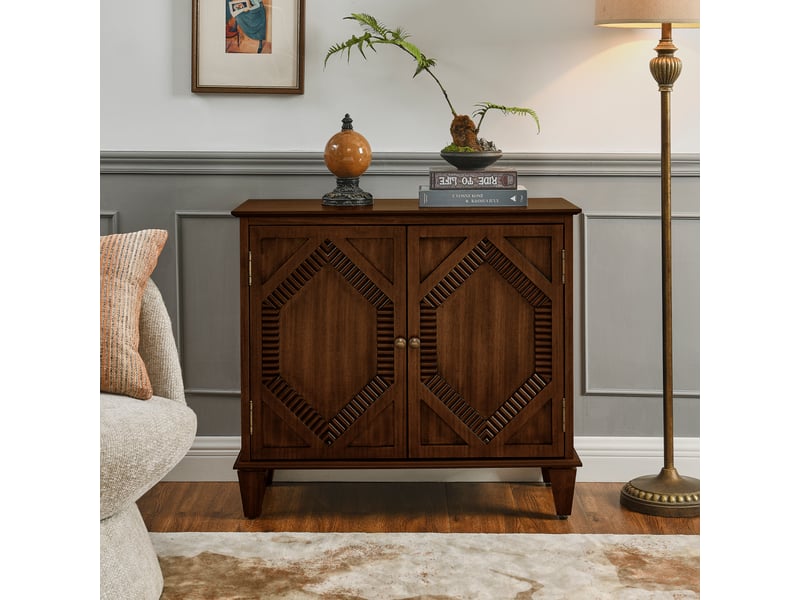  Buffet vitrine rétro 85,3x40 cm avec portes vitrées symétriques, rangement et détails géométriques, mdf et bois massif, effet noyer  - Conforama B