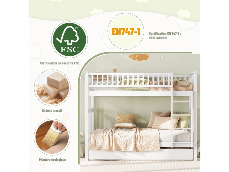 Lit superposé en bois 90x200 cm 3 en 1 convertible avec lit gigogne, barrière sécurité, échelle, sommier lattes, blanc - Conforama D
