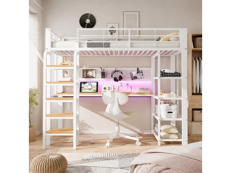  Lit mezzanine simple 90×200 cm avec bureau et led - okmyhome- prises, étagères et échelle, sans matelas, métal blanc  - Conforama B