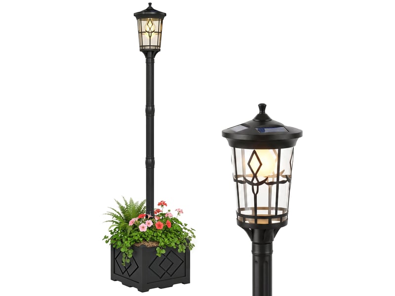  Lampe solaire d'extérieur pour jardin avec pot de fleurs intégré, 2 modes de luminosité 10050 lm, ip44, allumageextinction automatique, noire  - Conforama A