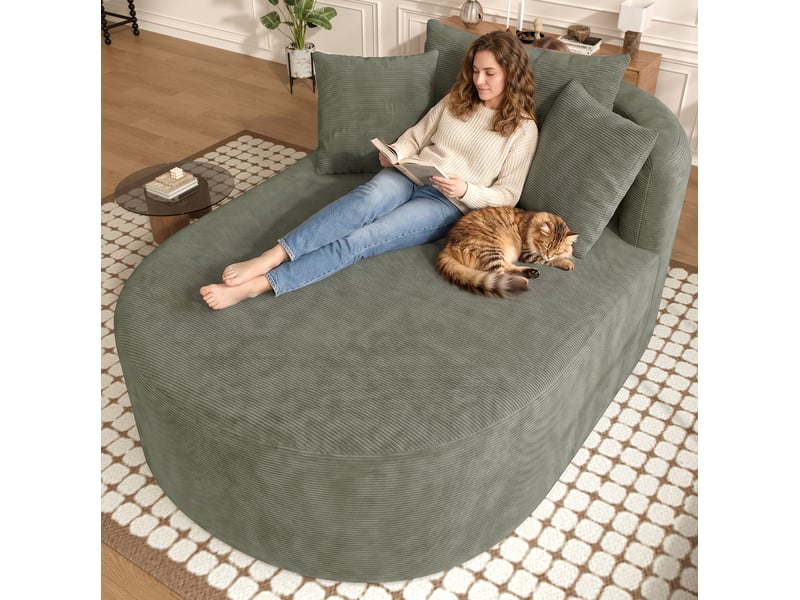  Fauteuil relax ovale à assise profonde avec coussin, sans montage, en velours côtelé vert, 170 × 112,5 × 83 cm  - Conforama D