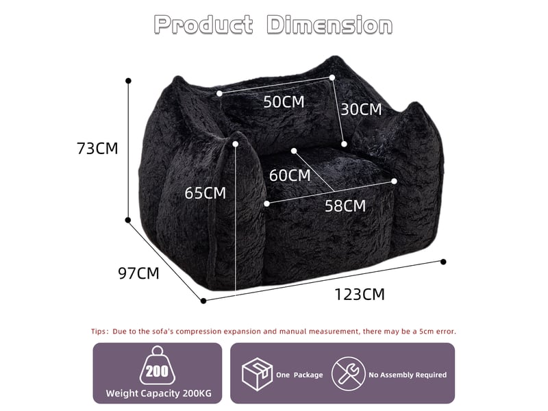  Grand fauteuil en sac de haricots avec coussin, confortable pour adultes et enfants, canapé en fausse fourrure au sol pour salon et chambre, noir  - Conforama E