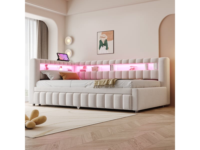  Lit gigogne 90x200 cm led, rangement et ports usb et type c en velours beige  - Conforama D