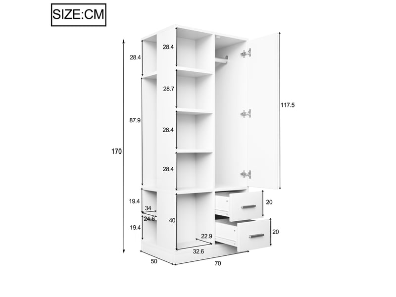  Armoire de rangement avec 1 porte, 2 tiroirs, étagères ouvertes et 2 tringles pour chambre en bois 70×50×170 cm blanc  - Conforama D