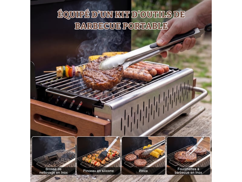  HOMAVO Barbecue Charbon de Bois Portable, Avec Ustensiles Barbecue, Conception Pliable, Surface de Cuisson: 38,15 x 20,95 cm, Adapté pour Camping, Jardin, Balcon  - Conforama D