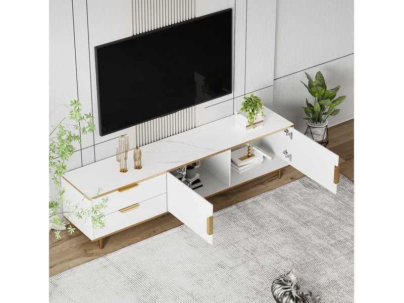  Meuble tv bas 170 x 37 x 45 cm avec 2 tiroirs et 2 portes, blanc et doré  - Conforama D