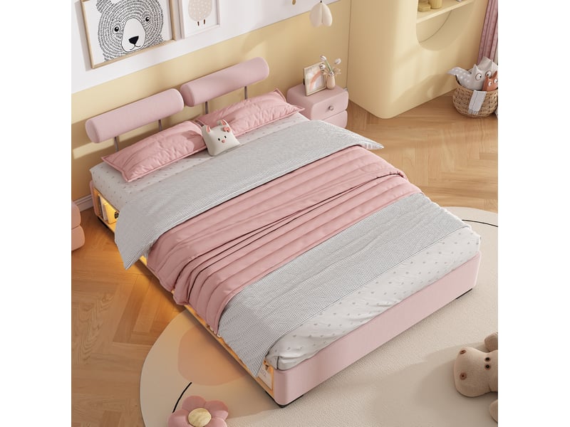  Lit rembourré modenvie 140 x 200 cm rose avec rangement latéral ouvert et éclairage led en velours  - Conforama D