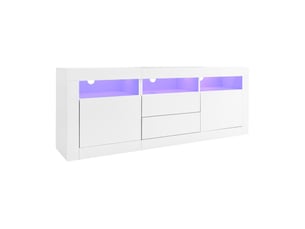 Meuble tv blanc brillant 160cm - leds synchronisées musique + app control - gestion câbles intégrée - tiroirs poussoir sans poignée