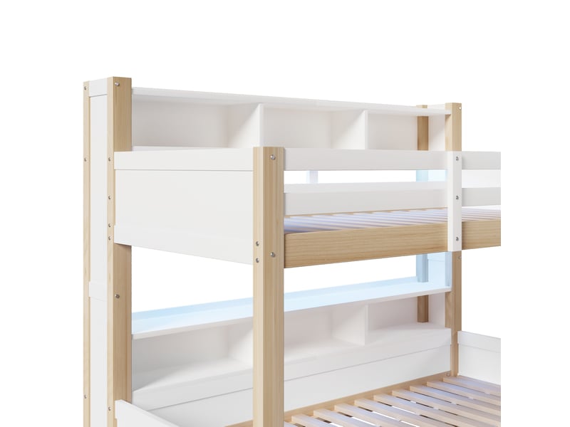  Lit superposé 90x200 cm et 140x200 cm, avec tiroir et led, en bois, blanc et naturel, sans matelas  - Conforama E