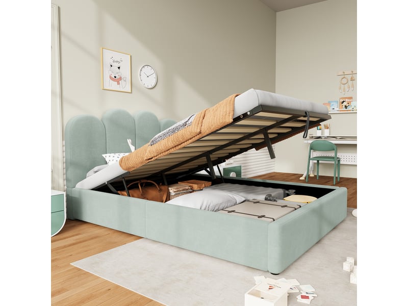  Lit rembourré 140 x 200cm, avec mécanisme hydraulique et coffre de rangement, tête de lit arrondie en velours, vert clair  - Conforama D