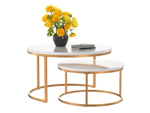 Table basse gigogne 2 pièces effet marbre blanc et doré evryae