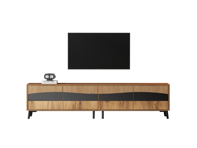  Lowboard tv 180 x 40 x 50 cm – bois naturel et noir – 4 portes, grand rangement pour téléviseur 75 pouces  - Conforama A