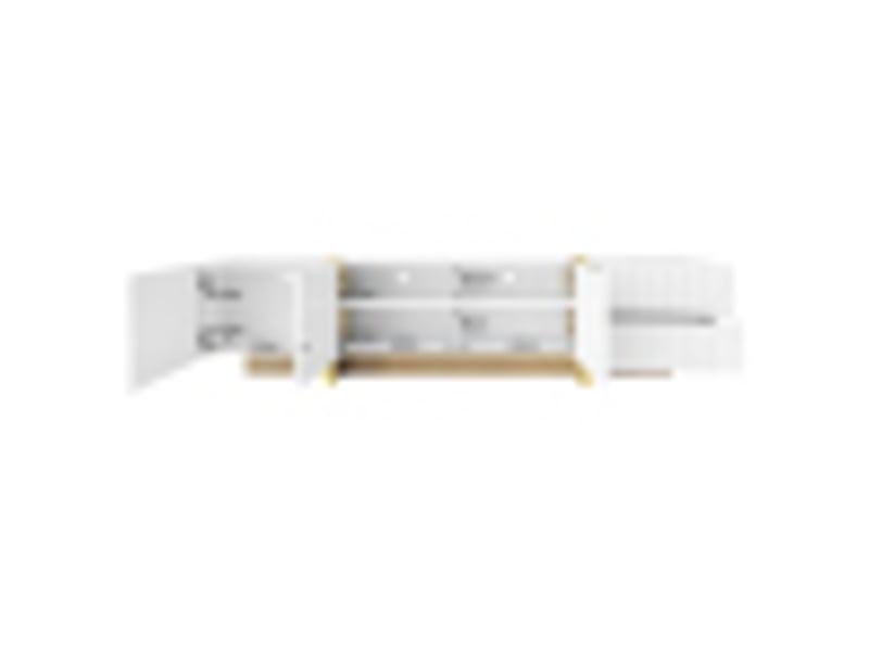  Meuble tv 190 cm blanc et or avec veinage bois, 3 portes, 2 tiroirs, grand rangement, design moderne pour salon  - Conforama B