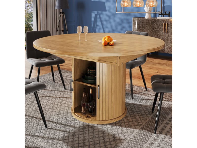 Table à manger ronde extensible 118-158x118x76cm table de salle à manger ovale 6 personnes avec rangement - naturel - Conforama D