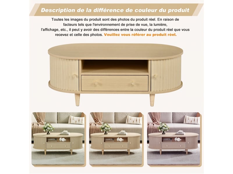  Table basse ovale en bois avec tiroir et porte coulissante 100x50 cm - rangement ouvert  - Conforama D