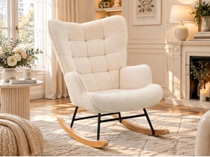 Beige teddy bear plush rocking chair, square tufted high-backed cushioned rocking chair with wooden rocking rod, suitable for bedroom, nursery, and living room.