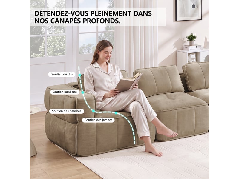  Canapé modulable 3 places en polyester,271x93x67cm,canapé à compression sans montage,mousse haute densité 32d,assise profonde,sable  - Conforama D