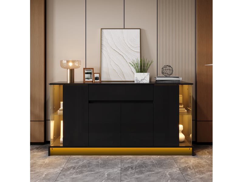 Buffet 150x40x75 cm avec vitrines led, portes et tiroir noir - Conforama E