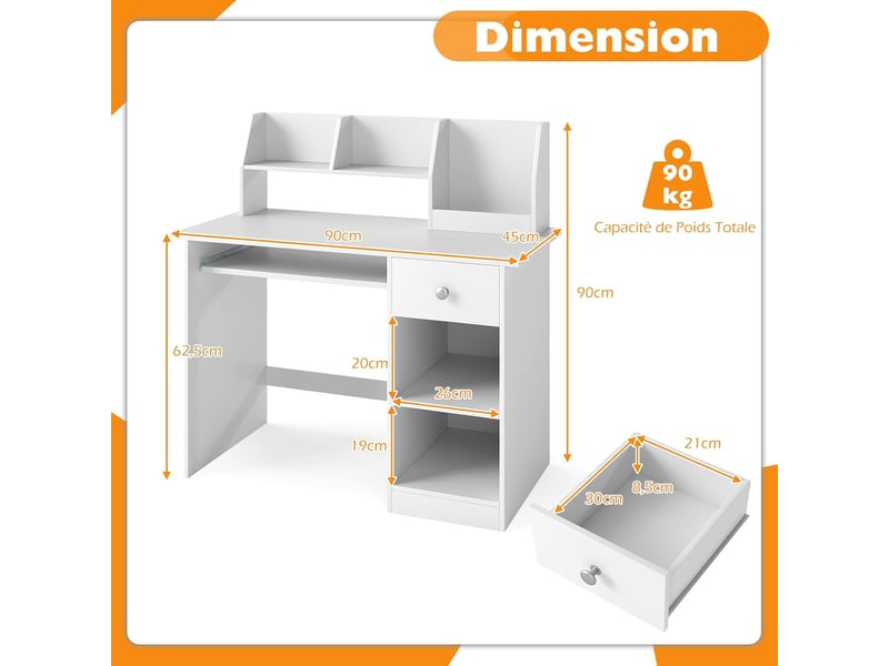 3 en 1 bureau enfant 90 x 45 x 90cm avec rangement, 1 tiroir 2 étagères, table enfant en bois avec plateau à clavier, blanc  - Conforama C