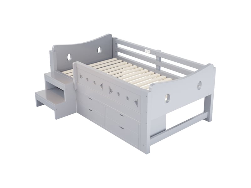 Lit simple 90x200 cm - 4 tiroirs et rangement - tête de lit avec led, usb & type-c - barrières de sécurité - gris - Conforama W
