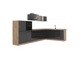 Vicco cuisine en angle, anthracite haute brillancechêne doré, 347 x cm plan de travail chêne doré