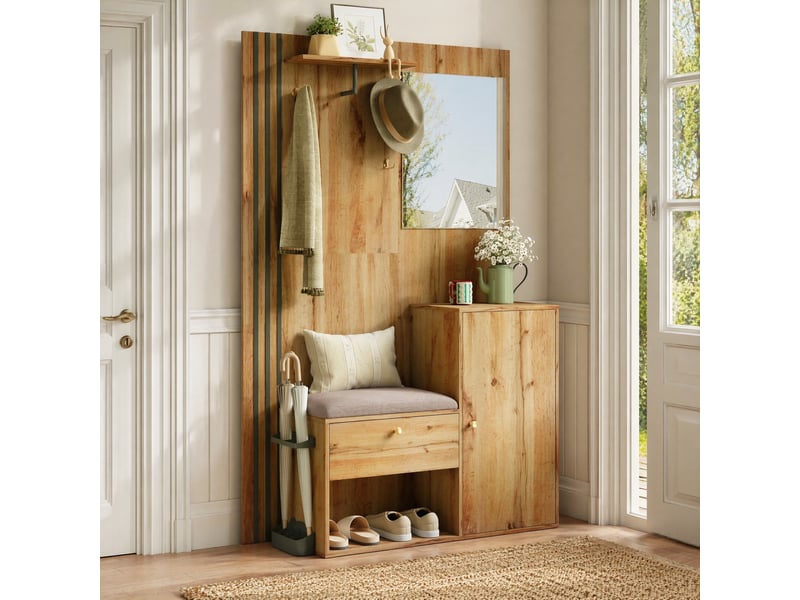  Meubles d'entrée avec miroir, assise rembourrée, étagères réglables et porte-parapluies en mdf 115×37×185 cm  - Conforama B