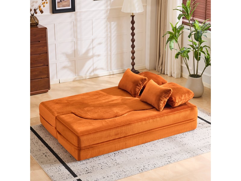  Canapé de sol convertible 2 places en tissu peluche orange avec 4 coussins  - Conforama D