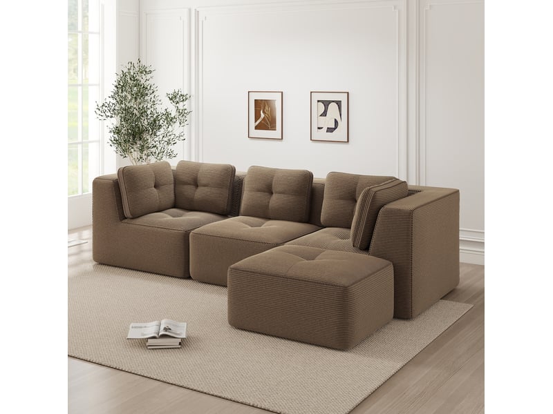 Canapé d'angle ulevr modulable 3 places avec ottomane, sans montage, 297 x 177 x 69 cm, velours côtelé marron - Conforama B