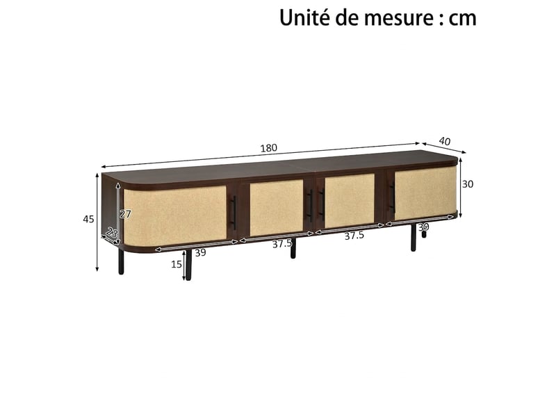 Meuble tv noyer 180 cm façade tressée 4 portes pieds métal - Conforama E