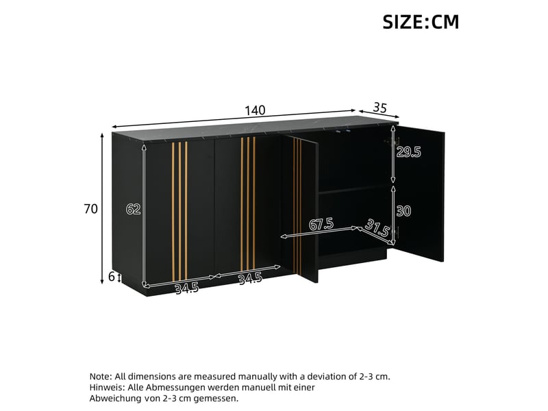  Buffet de rangement 4 portes noir et doré 35 x 140 x 70 cm  - Conforama E