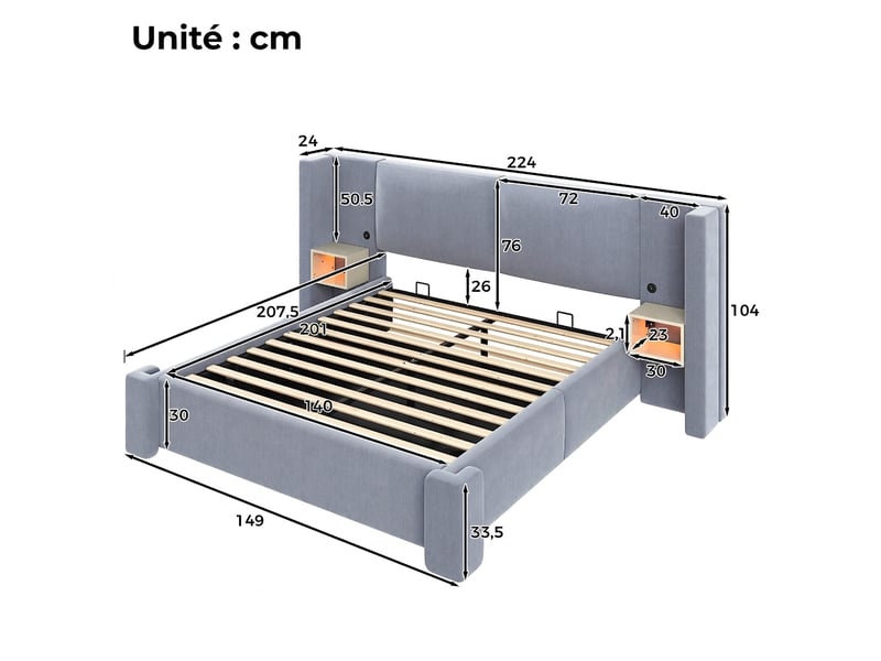  Lit coffre 140x200 gris en lin avec led, tables de chevet intégrées et rangement hydraulique sans matelas  - Conforama C