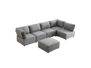 Canapé d'angle modulable convertible 6 places en tissu gris clair, 308 cm, pour salon et couchage d'appoint
