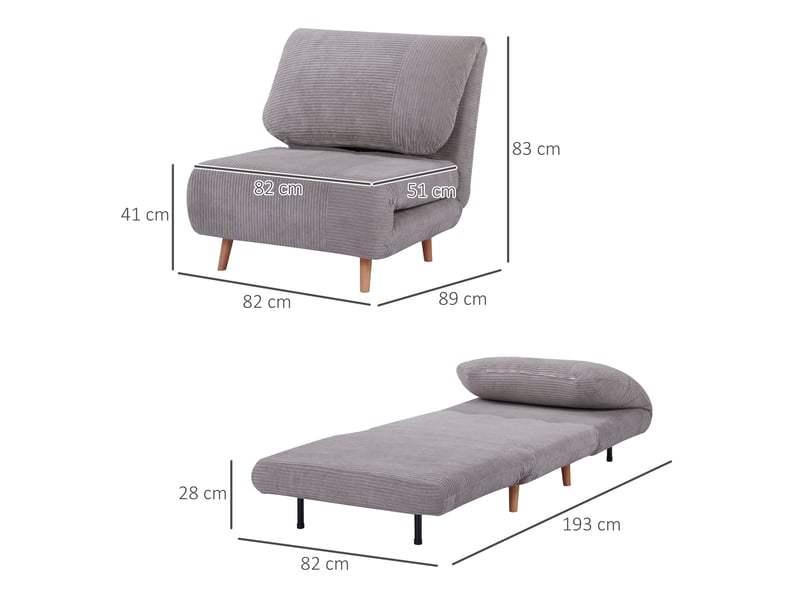  Fauteuil lit convertible,82x89x83 cm,dossier réglable,velours côtelé,gris clair  - Conforama C