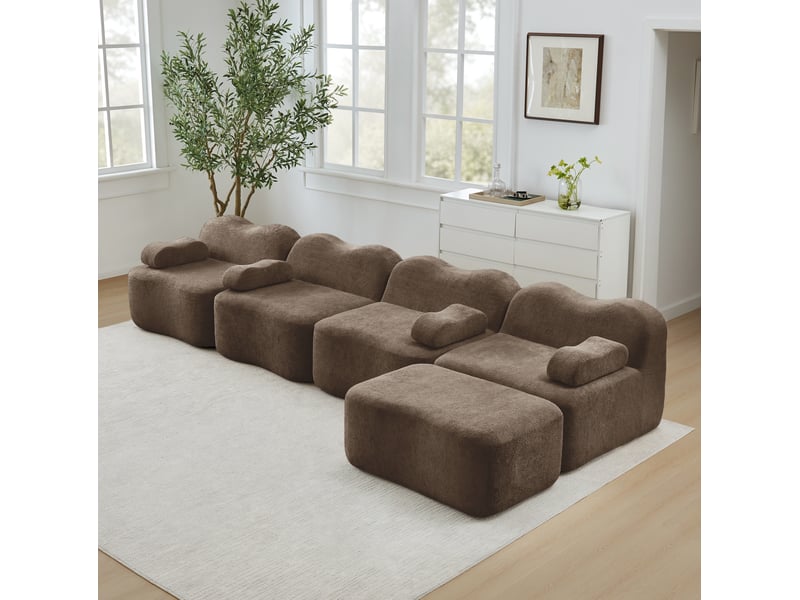 Canapé d'angle modulaire en l 4 places avec ottoman marron en velours - Conforama C