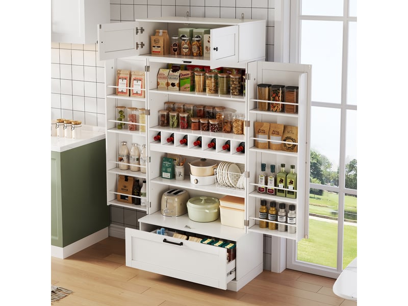  Buffet cuisine blanc mdf, meuble rangement industriel avec tiroirs et portes, étagères réglables pour salle à manger, 80x40x180 cm  - Conforama B