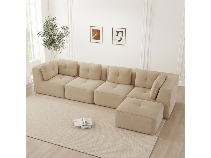  Canapé d'angle modulaire sans cadre avec assise profonde et coussins moelleux, en corduroy beige  - Conforama D