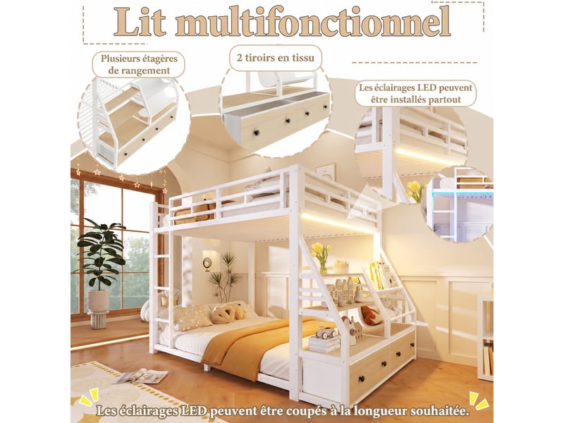  Lit superposé en métal 140x200 cm, éclairage led, 2 tiroirs en tissu, escalier, garde-corps, rangement ouvert, blanc BrimViber - Conforama E