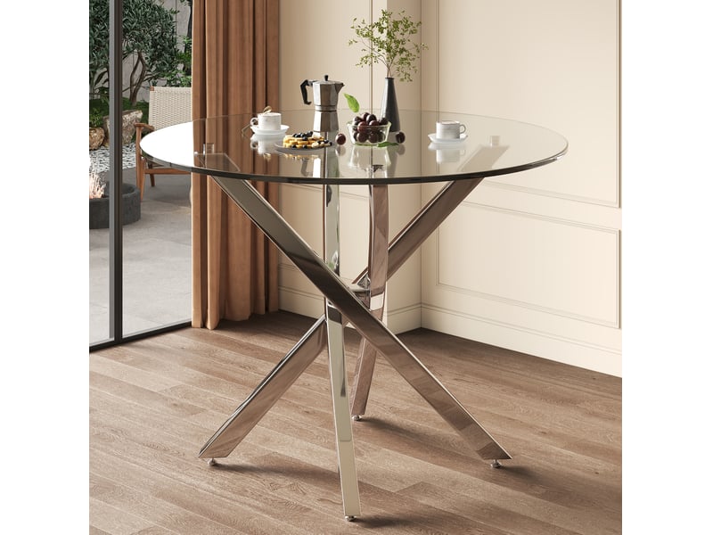  Table à manger ronde 80x80x75 cm, plateau en verre trempé, piètement argenté  - Conforama D