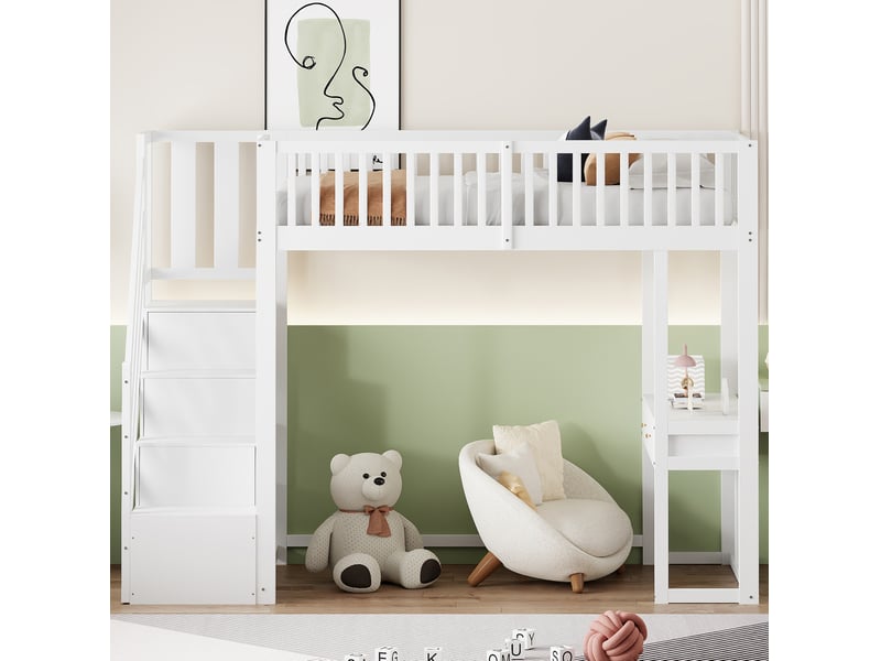  Lit mezzanine, 90x200 cm, lit en hauteur, avec bureau, escalier de rangement, matelas non inclus, bois, coloris blanc  - Conforama D