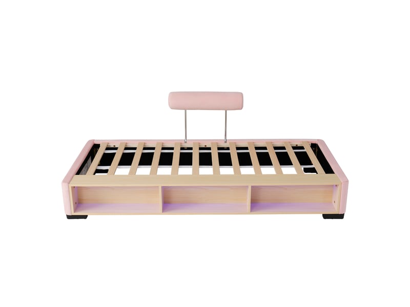 Lit enfant rose capitonné, lit junior avec étagère latérale led, espace de rangement ouvert, têtes de lit modulables et fixables sur 3 côtés, lit bas pour chambre d'enfant, 90 x 200 cm  - Conforama D