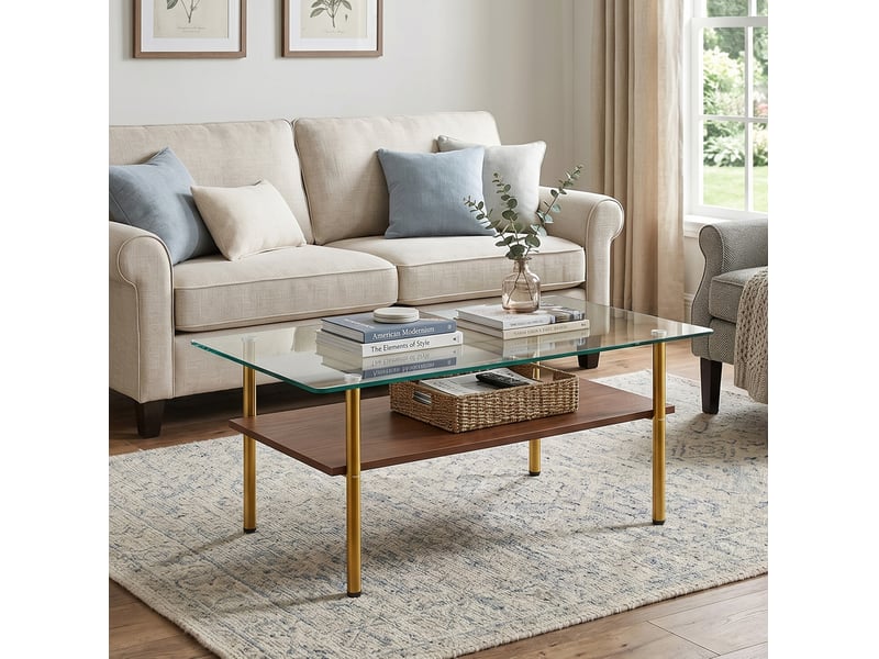Table basse rectangulaire en verre trempé et mdf, piètement en métal doré, marron et doré, 98 x 58 x 45 cm - Conforama D
