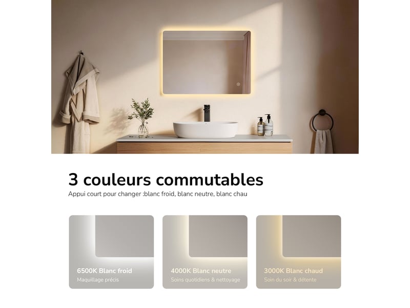 Emke miroir led salle de bain rétroéclairé 50x70 cm, interrupteur tactile, anti-buée, fonction mémoire, 3 couleurs - Conforama D