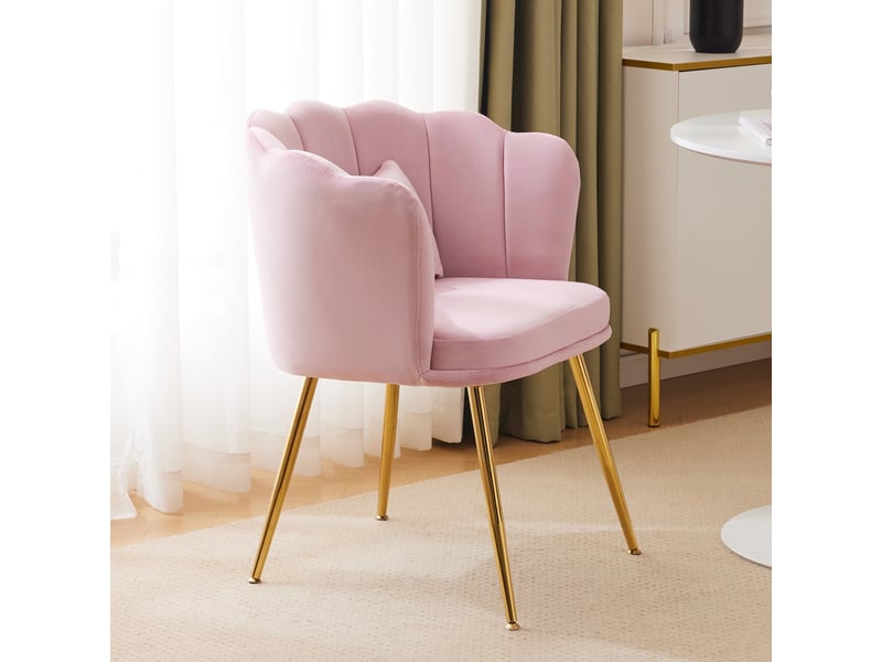  Fauteuil design en velours avec dossier pétale, coussin papillon et pieds métalliques dorés, rose  - Conforama C