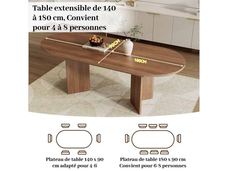  Table à manger extensible 140-180 x 90 cm, 6-8 personnes, angles arrondis, plateau épais, finition noyer Jamama eleni - Conforama E